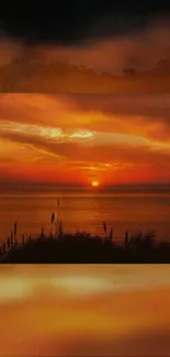 Stunning sunset horizon over ocean with vivid orange and red hues.