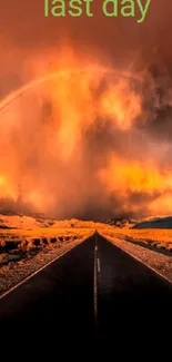 Orange sunset road with rainbow in sky.