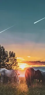 Horses grazing in a meadow at sunset with vibrant sky.