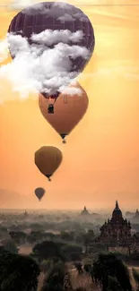 Hot air balloons at sunset over scenic landscape.