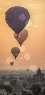 Majestic hot air balloons float over a sunset-lit ancient landscape.