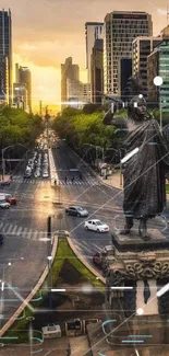 Sunset view of a city's skyline with tall buildings and a statue.