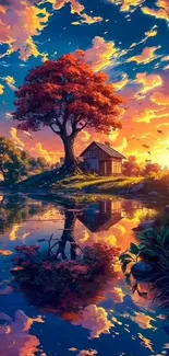 Peaceful island cottage at sunset with vibrant skies reflecting in water.
