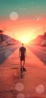 Silhouette of a person walking on a road during a vibrant sunset.