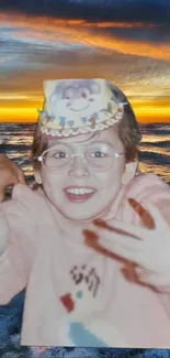 Joyful child with sunset beach background.