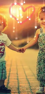 Two children holding hands under a sunset with a heart above.