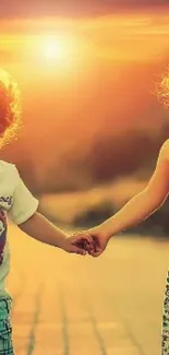 Children holding hands at sunset, vibrant wallpaper.