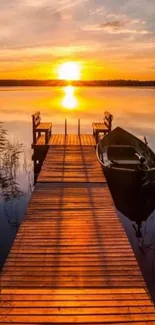 Serene sunset over lake with a wooden dock and boat.