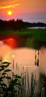 Serene sunset over a lake with reflections.