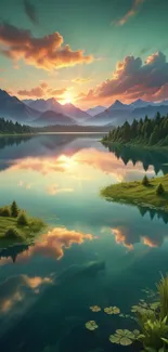 Sunset reflecting over a tranquil lake with mountains and clouds.