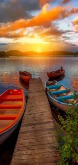 Serene sunset lake view with boats and pier wallpaper.