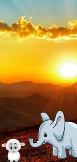 Cute cartoon elephant and lamb at sunset in a scenic mobile wallpaper.