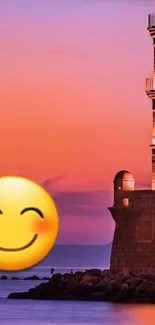 A sunset lighthouse with an emoji creating a serene coastal vibe.