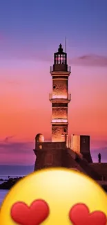 Sunset lighthouse with emoji overlay mobile wallpaper.