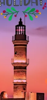 Lighthouse at sunset with holiday design.