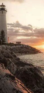 A lighthouse stands by the sea at sunset, surrounded by rocks and tranquil waves.