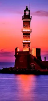 Beautiful lighthouse at sunset with vivid colors reflecting on the water.