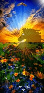 Lion silhouette at sunset over a vibrant field of blooming flowers.