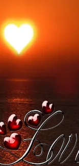 Romantic sunset with heart-shaped sun over an ocean, featuring 'Love' script.