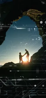 Silhouette of couple under rock arch at sunset.