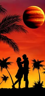 Romantic sunset silhouette with palms and a glowing planet.