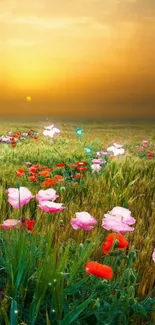 A vibrant meadow with flowers under a golden sunset sky, perfect for mobile wallpaper.