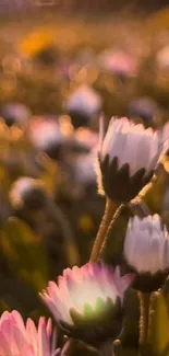 Sunset over a daisy meadow with warm hues.