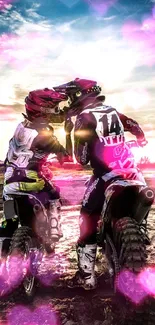 Two motocross riders in sunset landscape.