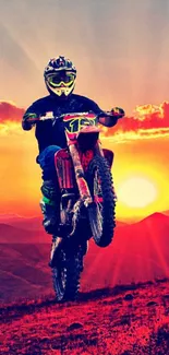 Motocross rider in sunset landscape with vibrant orange hues.