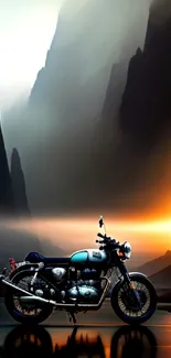 Motorcycle parked at sunset with dramatic mountains.