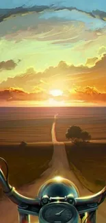 Motorcycle rides into sunset, open road journey.