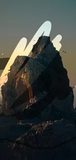 Abstract sunset mountain art with bold silhouette.