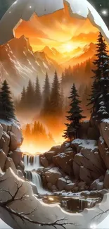 Sunset mountain landscape encased in a cracked egg, featuring trees and a waterfall.