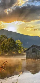 Serene mountain lake at sunset with golden reflections.