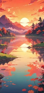 A vibrant sunset over a serene mountain lake with autumn foliage and reflections.