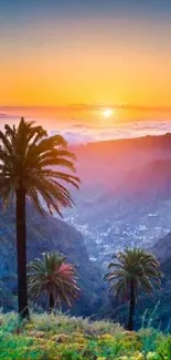 Sunset over tropical mountains with palm trees and vibrant colors.