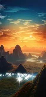 Sunset over mystical mountains with vibrant sky and serene landscape.