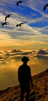 Silhouette on mountains with sunset sky and birds in the distance.