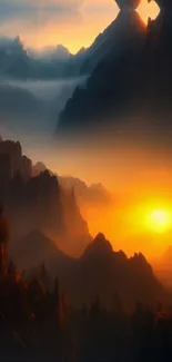 Sunset over dramatic mountains creating a serene, glowing vista.