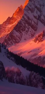 Snowy mountain glowing at sunset, casting a serene view.