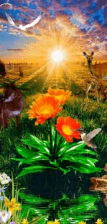 Vibrant nature wallpaper with sunset, wildlife, and colorful flowers.