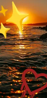 Artistic sunset ocean wallpaper with a sparkling design and heart illustration.