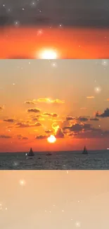 Sunset over ocean with boats and a glowing orange sky.