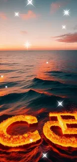 Fiery artistic design on ocean with sunset background.