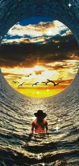 Surreal ocean wallpaper with sunset and birds in a tunnel illusion.