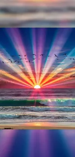 Vibrant ocean sunrise with colorful sky and serene waves.