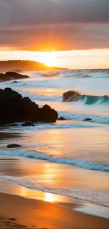 Sunset over ocean with waves and beach scenery.