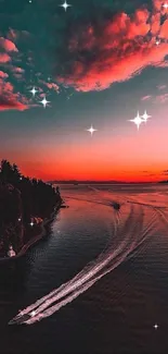 A stunning aerial view of boats on a calm ocean at sunset with a vibrant red sky.