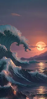 Artistic ocean wave at sunset with mountain view.
