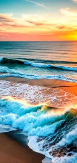 Vibrant ocean waves during a stunning sunset on the beach.